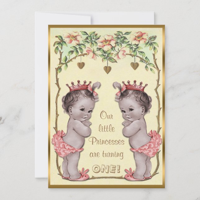 Invitation Vintage Princess Twins Anniversaire Roses & Coeurs (Devant)