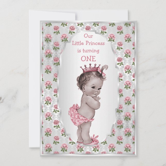 Invitation Vintage Princesse Rose Roses Argent Bébé Anniversa (Devant)