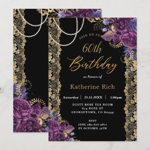 Invitation Vintage Purple Floral Antique Or dentelle Annivers