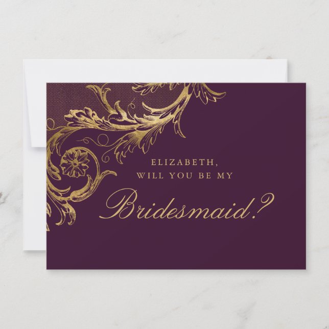 Invitation Vintage Purple Gold Damask Script Bridesmaid (Devant)