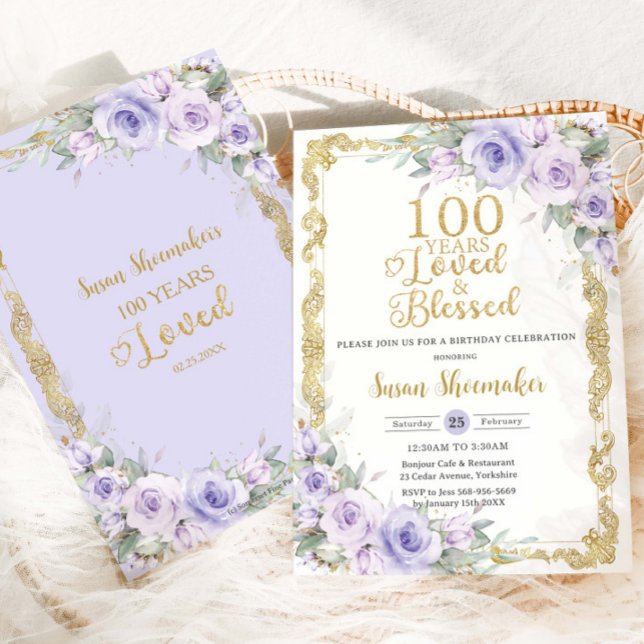 Invitation Vintage Purple Lilac Floral 100e Anniversaire Amou (Créateur téléchargé)