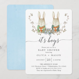 Invitation Vintage Rabbit Botanique Baby shower Bleu