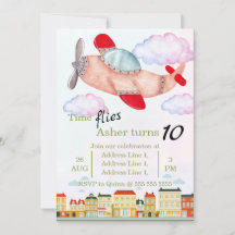 Vintage Red Airplane with Watercolor Clouds & City