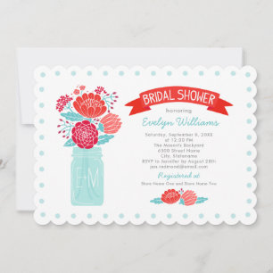 Invitation Vintage Red Aqua Floral Mason Jar Fête des mariées