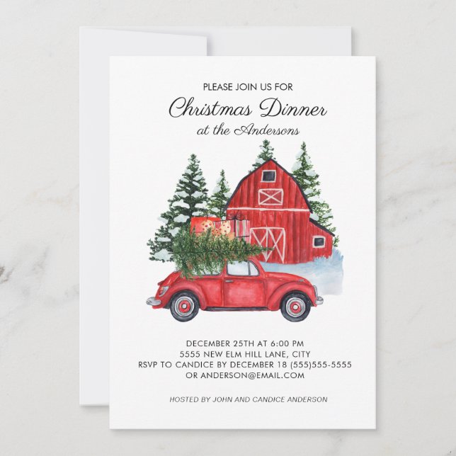 Invitation Vintage Red Car Grange Noël Arbre Dîner (Devant)