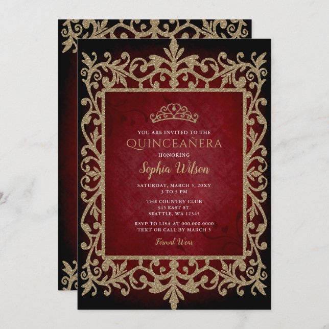 Invitation Vintage Red Gold Princess Tiara Quinceañera (Devant / Derrière)