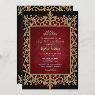 Invitation Vintage Red Gold Princess Tiara Quinceañera