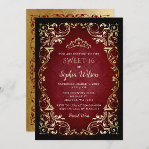 Invitation Vintage Red Gold Princess Tiara Sweet 16