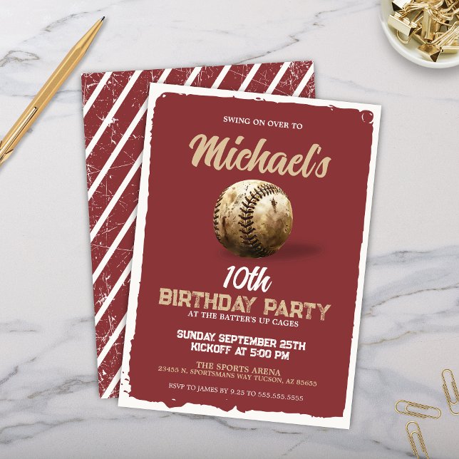 Invitation Vintage Red Maroon Baseball Thème Anniversaire (Vintage red burgundy maroon baseball theme birthday party invitation or sports viewing party invite)