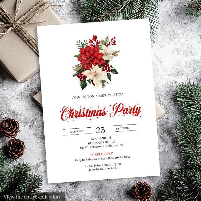 Invitation Vintage Red Poinsettia Botanical Merry Christmas  (Vintage Red Poinsettia Botanical Merry Christmas Invitation)