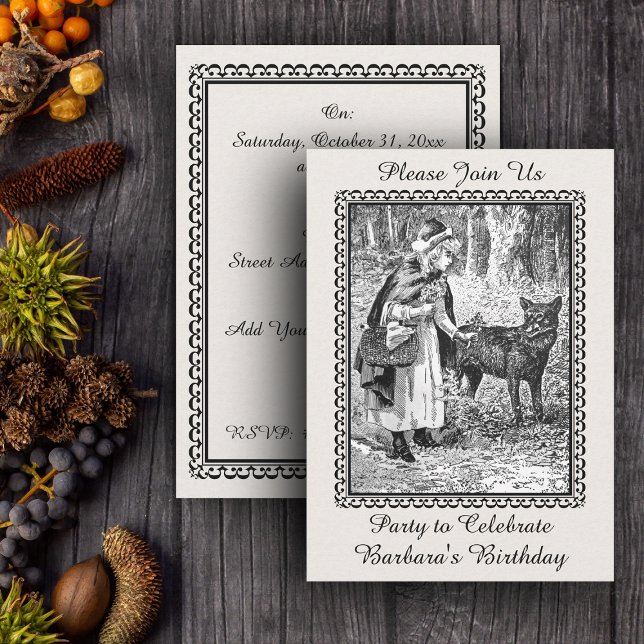 Invitation Vintage Red Riding Hood Wolf fête d'anniversaire (Black white Vintage Little Red Riding Hood with wolf in woods on birthday party invitations.)