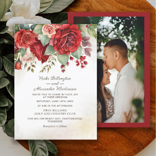 Invitation Vintage Red Roses Floral Botanique Mariage photo