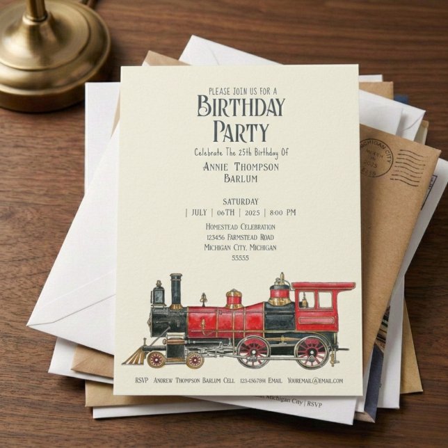 Invitation Vintage Red Steam Train Anniversaire Fête Invitati (Full steam ahead for a great party.)