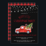 Invitation Vintage Red Truck & Buffalo Plaid Christmas Party<br><div class="desc">Un adorable pick-up rouge rempli d'un sapin de Noël fraîchement coupé, de cadeaux et de sucres de canne est présenté sur cette petite carte de Noël. Des lumières à corde à double fil au-dessus de la main. L'arrière de la carte est rouge et noir à la mode de plaid de...</div>