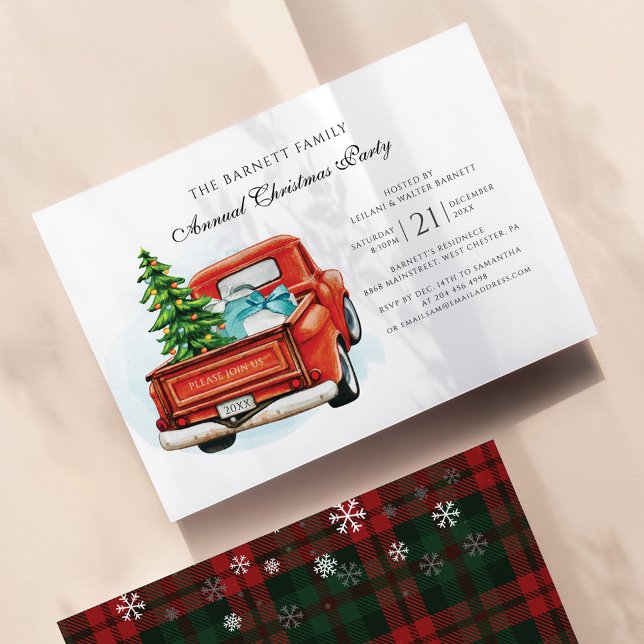 Invitation Vintage Red Truck Business Noël (Rustic Plaid Old Red Truck Christmas Holidays Family Party Invitation)