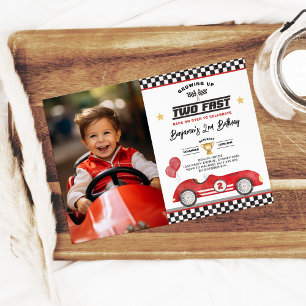 Invitation Vintage Red Two Fast Race Car 2e Anniversaire Phot