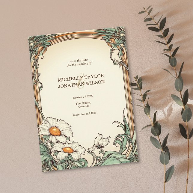 Invitation Vintage Retro Art Nouveau Botanique Enregistrer la (vintage art nouveau mucha wedding invitation with daisies)