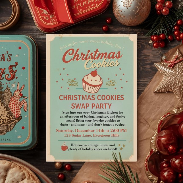 Invitation Vintage Retro Christmas Cookies Swap  (Créateur téléchargé)
