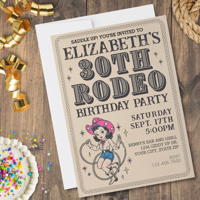 Invitation Vintage Retro Cowgirl 30e fête d'anniversaire (30th Rodeo Birthday Party)