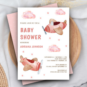 Invitation Vintage Retro Cute Pink Avions Baby shower fille