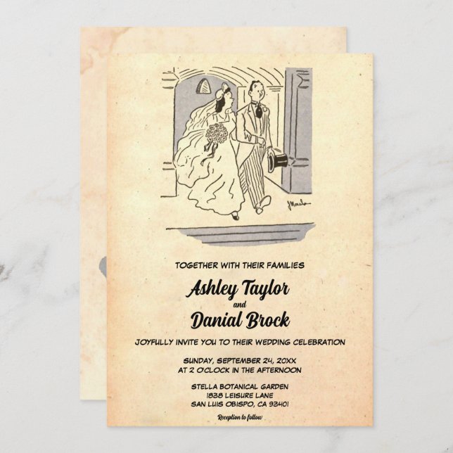 Invitation Vintage Retro Juste Marié Couple Romantique Mariag (Devant / Derrière)