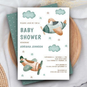 Invitation Vintage Rétro Mignons Avions Verts Baby Shower