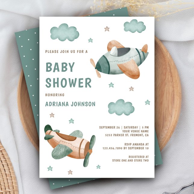 Invitation Vintage Rétro Mignons Avions Verts Baby Shower (Créateur téléchargé)