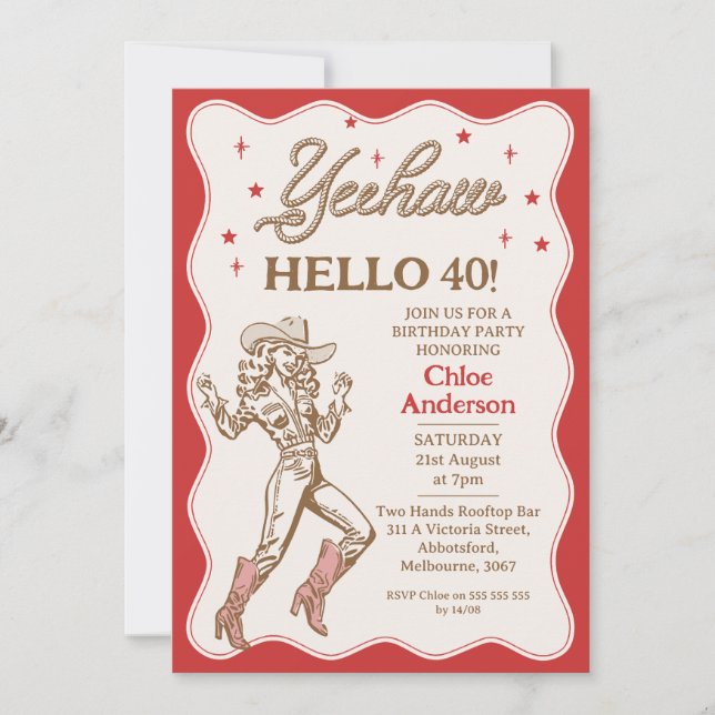 Invitation Vintage Retro Red Cheetah Cowgirl 40e anniversaire (Devant)