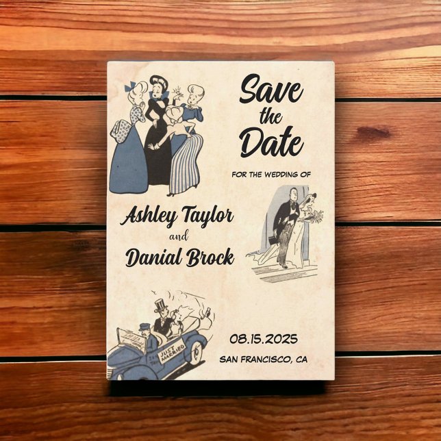 Invitation Vintage Retro Romantic Comic Wedding Enregistrer l (Créateur téléchargé)