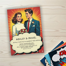 Vintage Retro Romantic Couple Comic Style Wedding