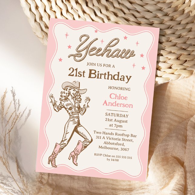 Invitation Vintage Retro Rose Yeehaw Cowgirl 21e anniversaire (Retro Yeehaw Cowgirl 21st Birthday Invitation, Western Birthday Invitation Girl, Wild West Any Age)