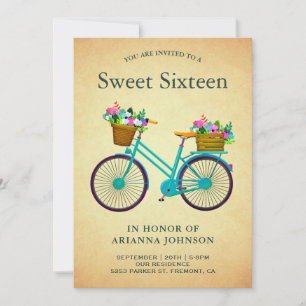 Invitation Vintage Rétro Vélo Floral Bleu Turquoise Sweet Six