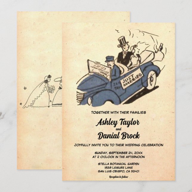 Invitation Vintage Retro Vieux Rustique Couple Mariage Ancien (Devant / Derrière)