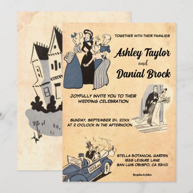 Invitation Vintage Retro Vieux Style Moderne Rustique Mariage (Devant / Derrière)