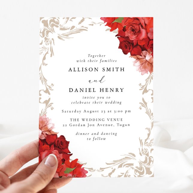 Invitation Vintage Romantic Red Floral Elegant Wedding (Créateur téléchargé)