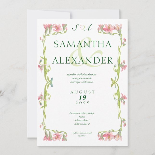 Invitation Vintage Romantique Cadre Floral Monogramme Mariage (Devant)