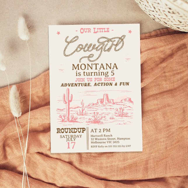 Invitation Vintage rose Brown Ouest Désert Cowgirl Anniversai (Cowgirl Birthday Invitation, Vintage Cowgirl Birthday Invite, Any Age, Western, Wild West)