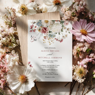 Invitation Vintage Rose Dusty et Mariage Fleur sauvage ivoire