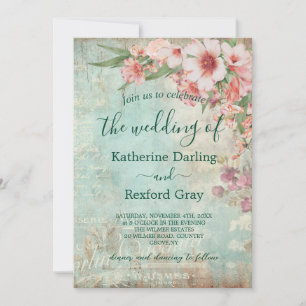 Invitation Vintage rose et vert photo QR Code Mariage