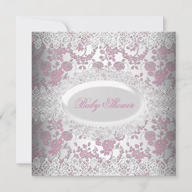 Invitation Vintage rose fille Baby shower dentelle Damask (Devant)