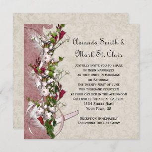 Invitation Vintage rose Fleurs blanches Mariage de plumes de