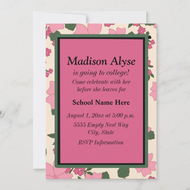Invitation vintage rose florale "Départ pour l'uni (Devant)