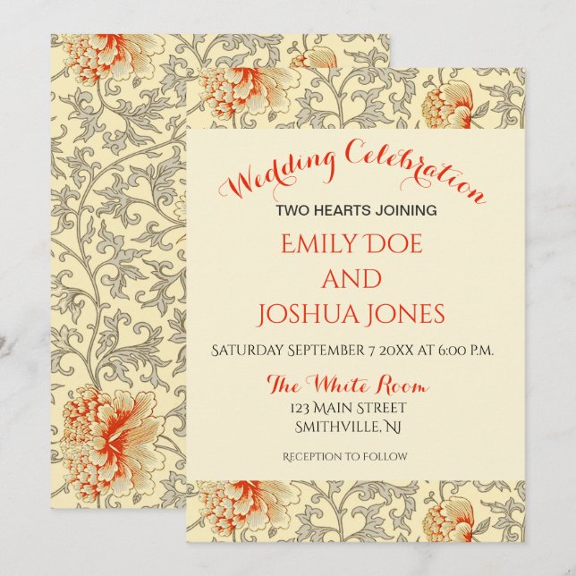 Invitation Vintage rose gris botanique (Devant / Derrière)