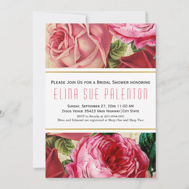 Invitation Vintage rose roses fleurie mariage douche nuptiale (Devant)
