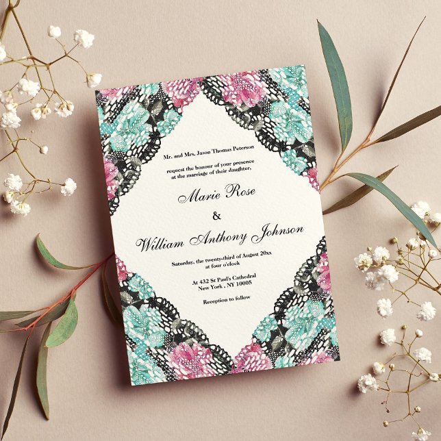 Invitation Vintage rose turquoise aquarelle dentelle fleurie  (Vintage pink teal watercolor floral lace Wedding)