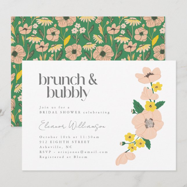 Invitation Vintage Rose Vert Floral Brunch Bulles Shower (Devant / Derrière)