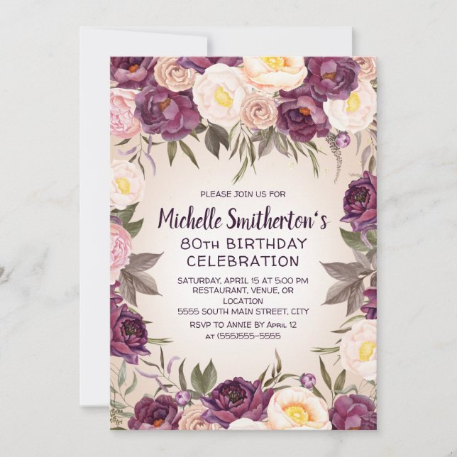 Invitation Vintage rose violet floral 80e anniversaire (Devant)