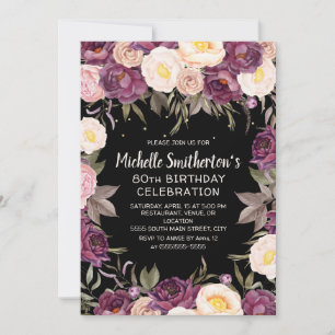 Invitation Vintage rose violet floral noir 80e anniversaire