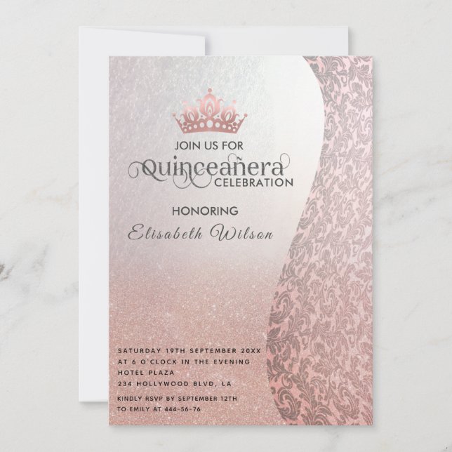 Invitation Vintage rosegold luxe damask tiara Quinceañera (Devant)
