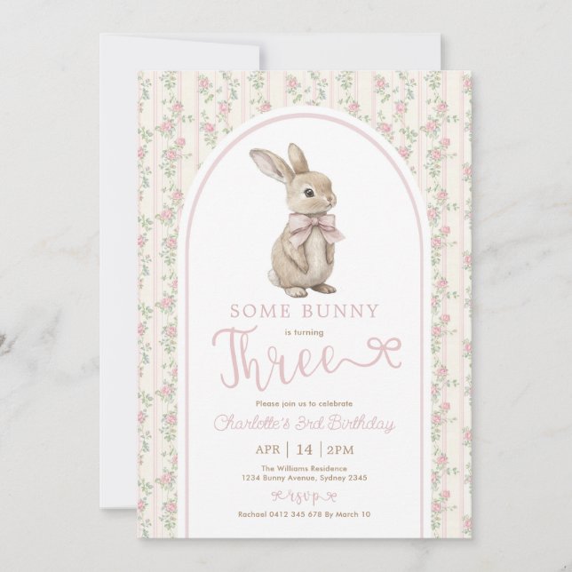 Invitation Vintage Roses Bunny Rabbit 3rd Birthday Girl (Devant)